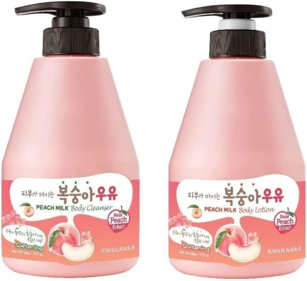 WELCOS Kwailnara Peach Milk Body Lotion & Body Wash Set – Conjunto De Cuidados Com A Pele Coreanos Hidratantes E Nutritivos Com Extrato De Pêssego, 560 G / 19,75 Oz Cada