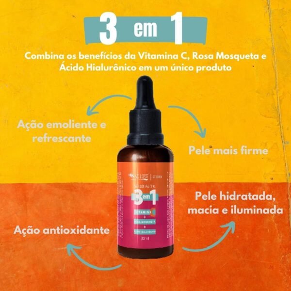 ZKMAGIC Kit 2 Unidades - Serum Facial 3 Em 1 Vitamina + C Rosa Mosqueta + Ácido Hialurônico - Pele Hidratada Macia E Iluminada 30Ml Max Love. - Imagem 2
