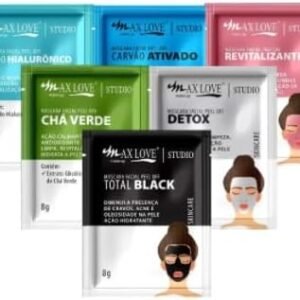 kit 3 Máscaras Faciais Peel-Off Max Love 8g – Total Black, Detox, Chá Verde, Revitalizante, Carvão Ativado, Acido Hialurônico (especificar mascaras desejadas)